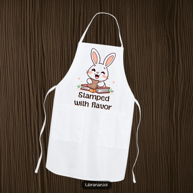 Funny happy rabbit stamping books with a large rubber stamp, featured on an apron for a cheerful and organized kitchen.