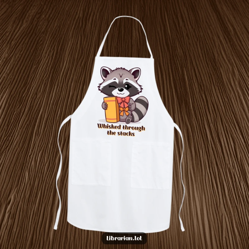 Funny Apron: A winking raccoon with a cheerful bow shelves books with a flourish, perfect for organized endeavors.