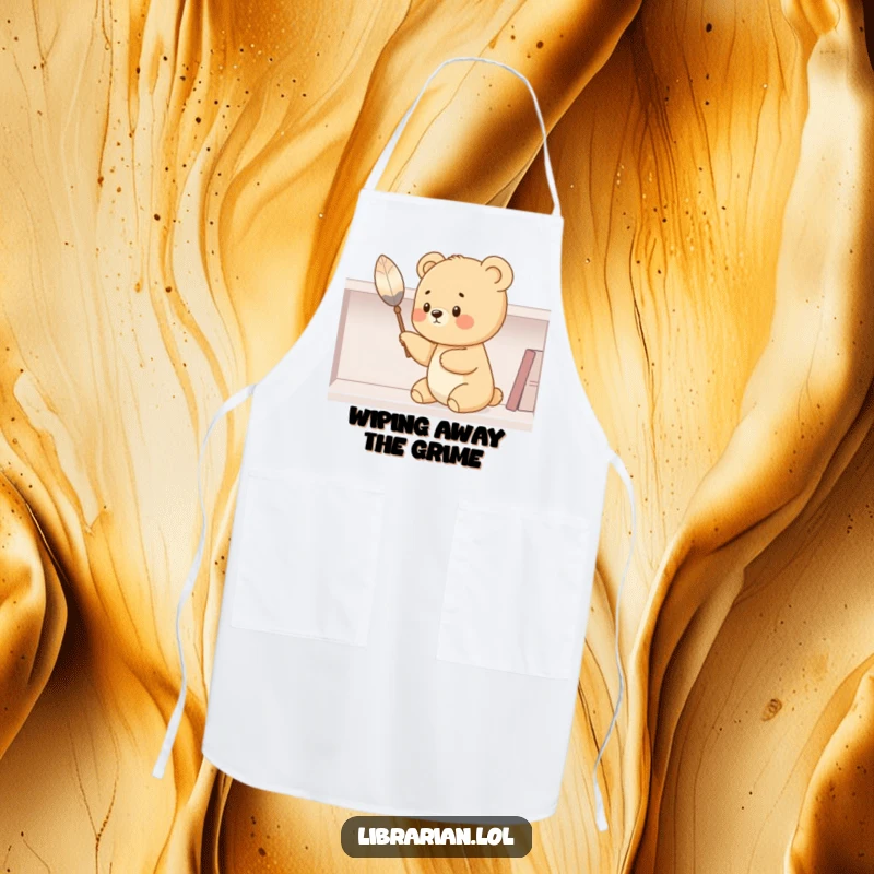 Funny bear cub apron, dusting a shelf with a feather duster, a humorous addition to any kitchen or workspace. Protects while amusing.