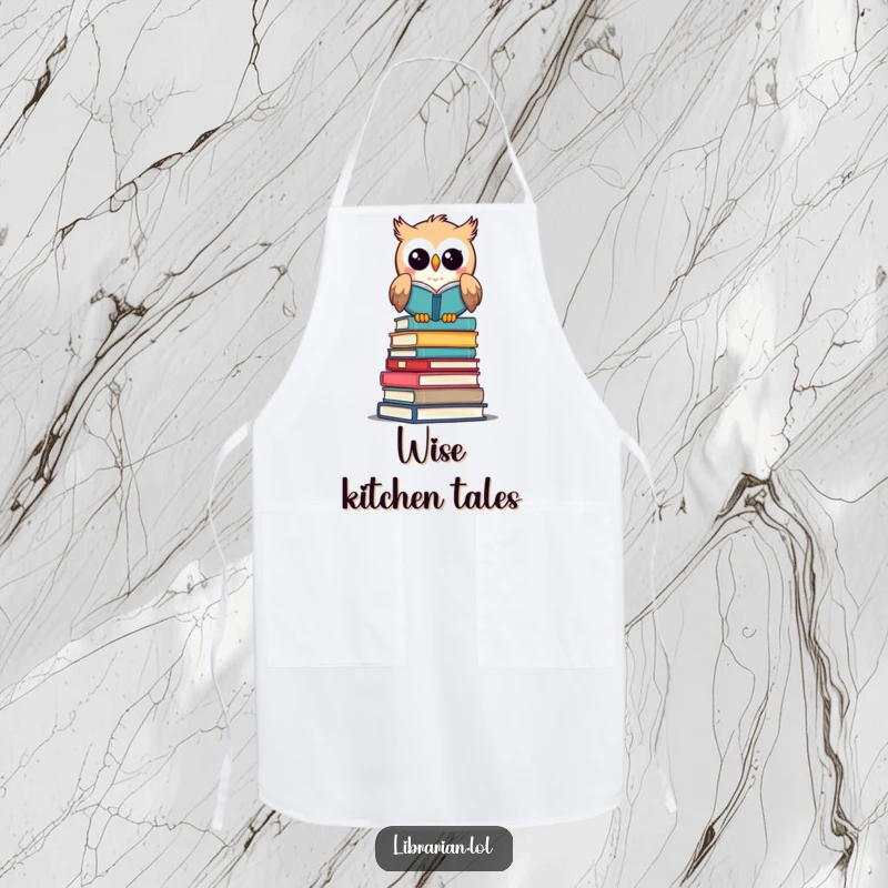 Funny apron: An owl librarian perched on books, a wise and funny gift for cooks.