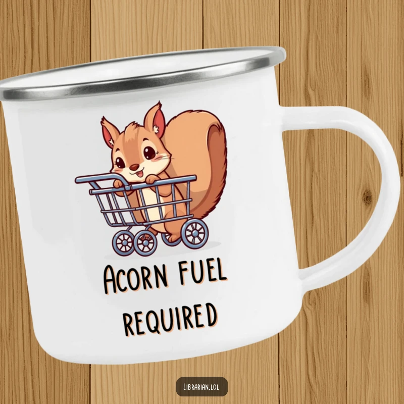 Funny enamel camping mug with a playful squirrel peeking from behind a book cart. Durable and humorous drinkware for outdoor enthusiasts.