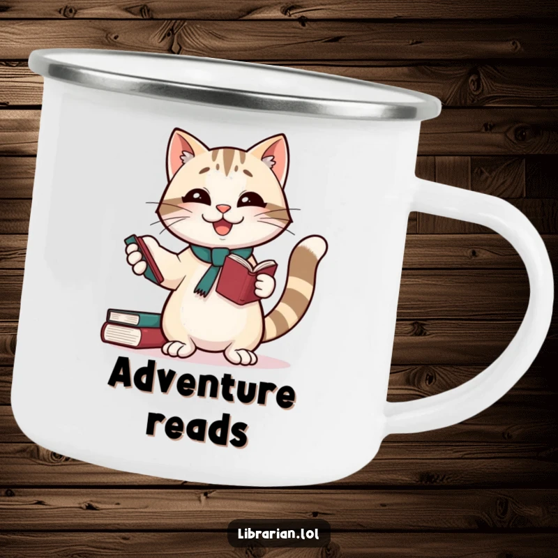 Funny camping mug: A cat librarian juggling books, ideal for a funny gift for outdoor lovers.