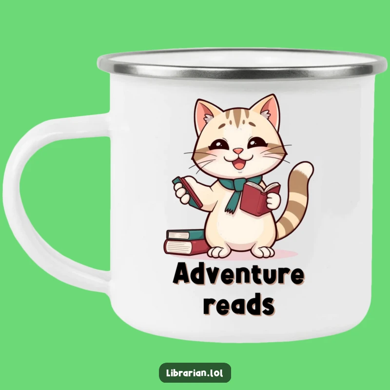 Funny Giggling Cat Librarian Camping Mug: Adventure and Laughs by the Fire!