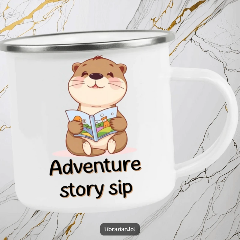 Funny camping mug with a sweet otter enthusiastically showing a picture book, perfect for kids’ outdoor story time.