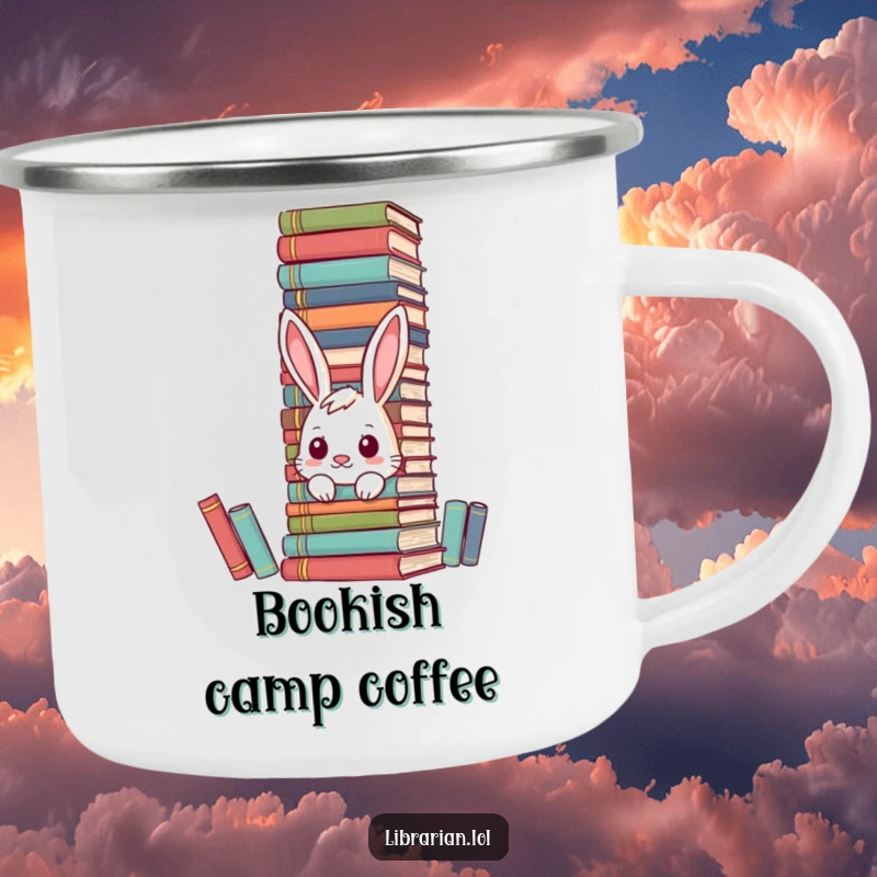 Funny bunny camping mug hiding behind encyclopedias, ideal for outdoor reading and gifting.