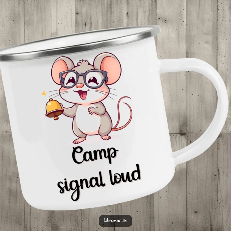 Funny camping mug with a cheerful mouse in spectacles ringing a tiny bell with excitement, great for outdoors.