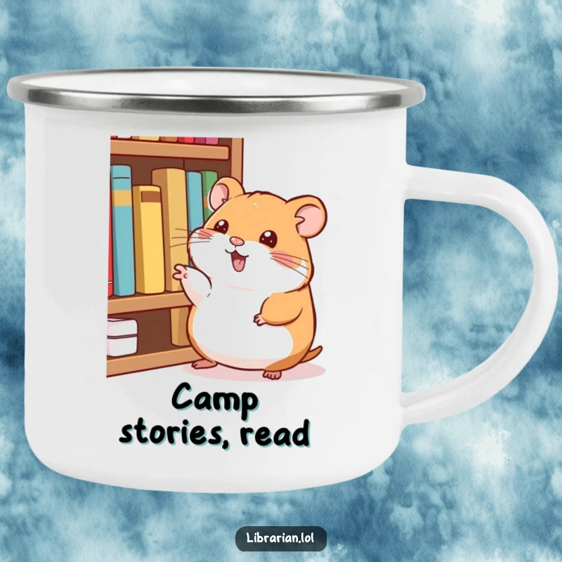 Funny Camping Mug: A happy hamster points at books, bringing funny literary recommendations to outdoor adventures.