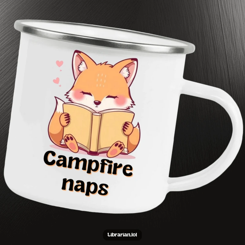Funny Camping Mug: A sleepy fox dozes off while reading an open book, perfect for relaxing outdoors.