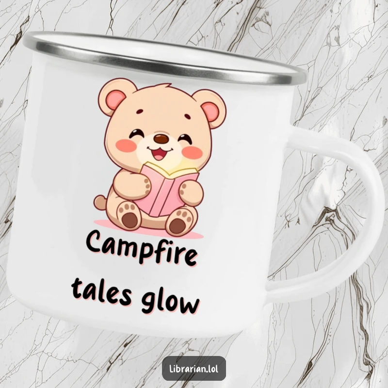 Funny camping mug featuring a happy bear cub holding a glowing bookmark, perfect for outdoor reading enthusiasts.