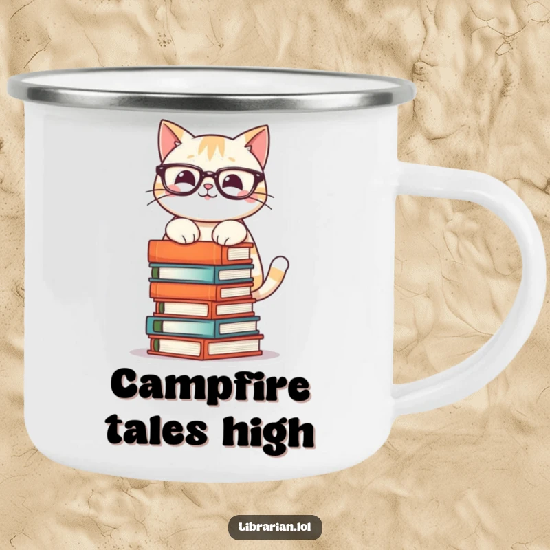 Funny camping mug featuring a smiling cat in glasses, balancing books, ready for outdoor adventures and literary escapes.