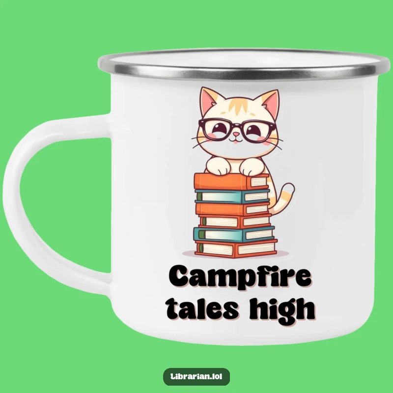 Funny Cat Book Tower Camping Mug - Durable & Hilarious for Outdoor Reading