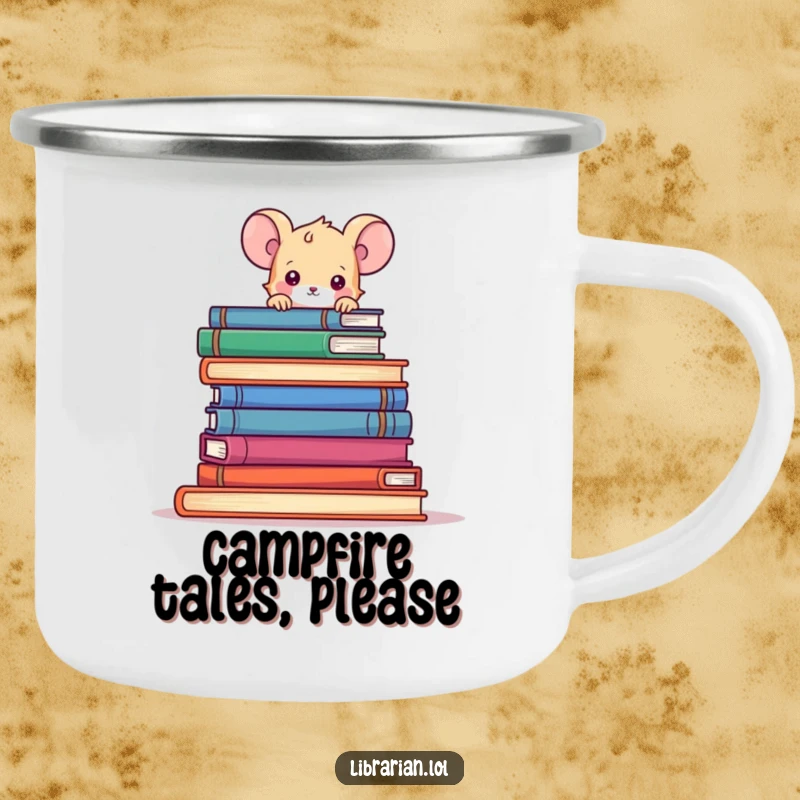 Funny mouse peeking over books on a durable enamel camping mug, perfect for outdoor adventures.