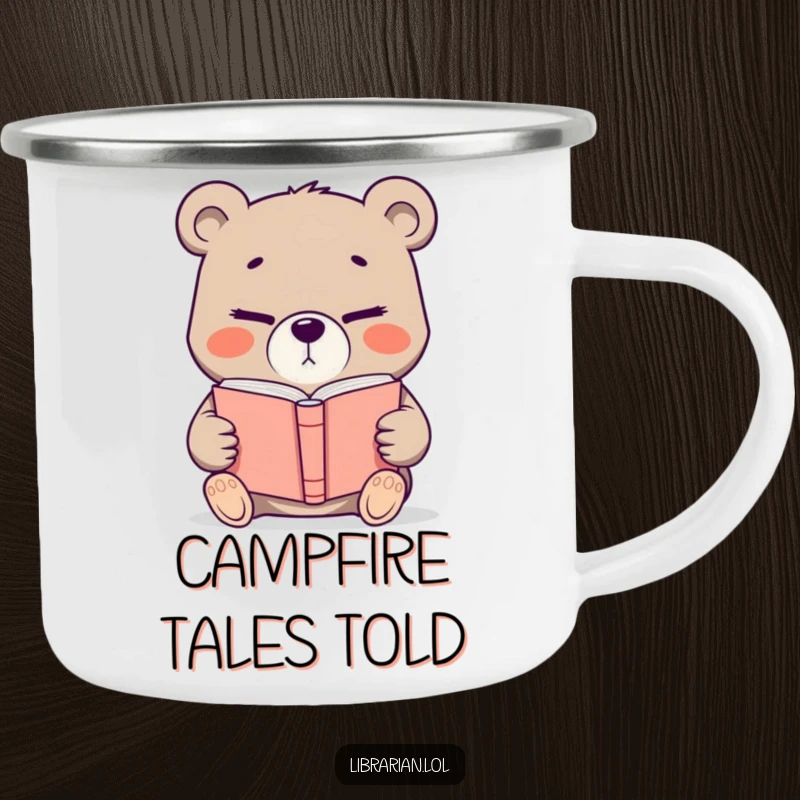 Funny determined bear offering a book with a knowing wink, a durable enamel camping mug for outdoor readers.