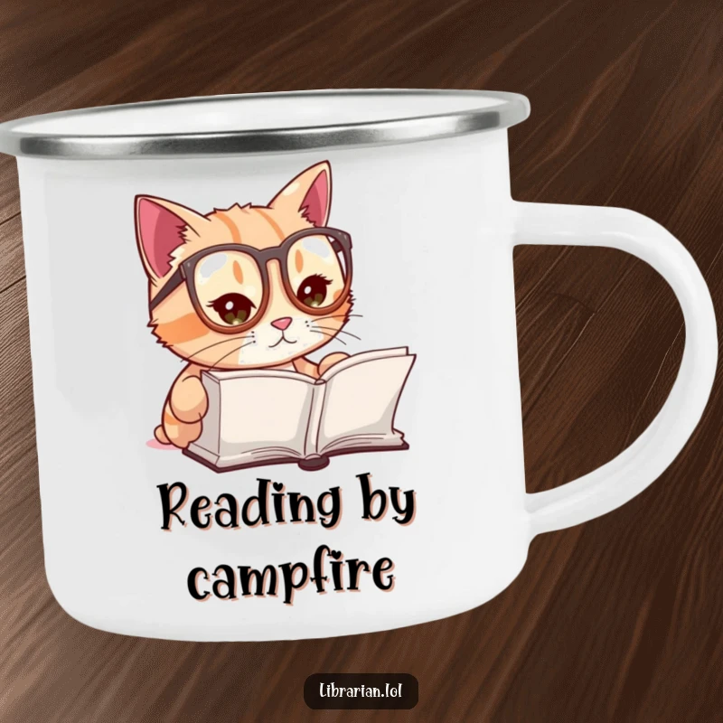 Funny camping mug with a cute cat wearing reading glasses, focused on a book, perfect for outdoor reading enthusiasts.