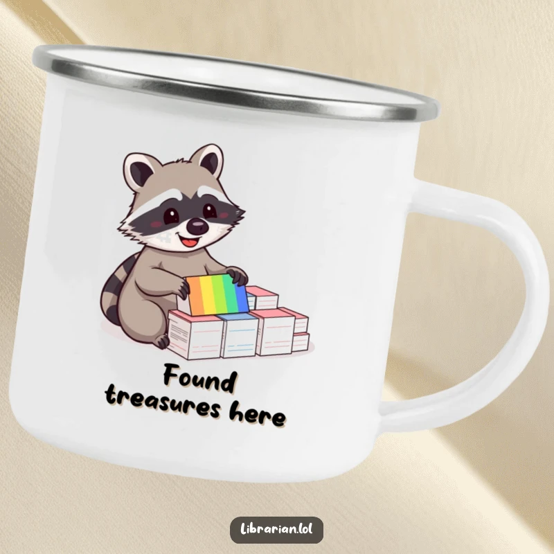 Funny camping mug with a happy raccoon sorting colorful index cards, built for organized adventures.