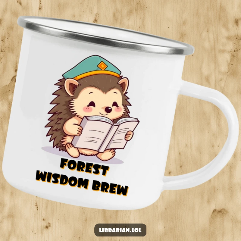 Funny hedgehog in a scholar's cap, reading a tome, on a rugged camping mug, bringing humor to the great outdoors.