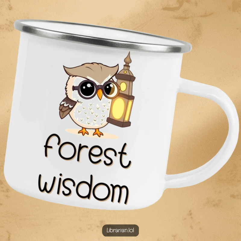 Funny Camping Mug: A wise owl with spectacles reads an ancient tome, perfect for outdoor study.