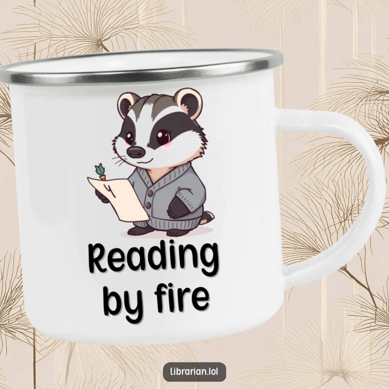 Funny badger in a cardigan, determinedly pointing to a page with a quill. Durable and humorous camping mug, funny gift.