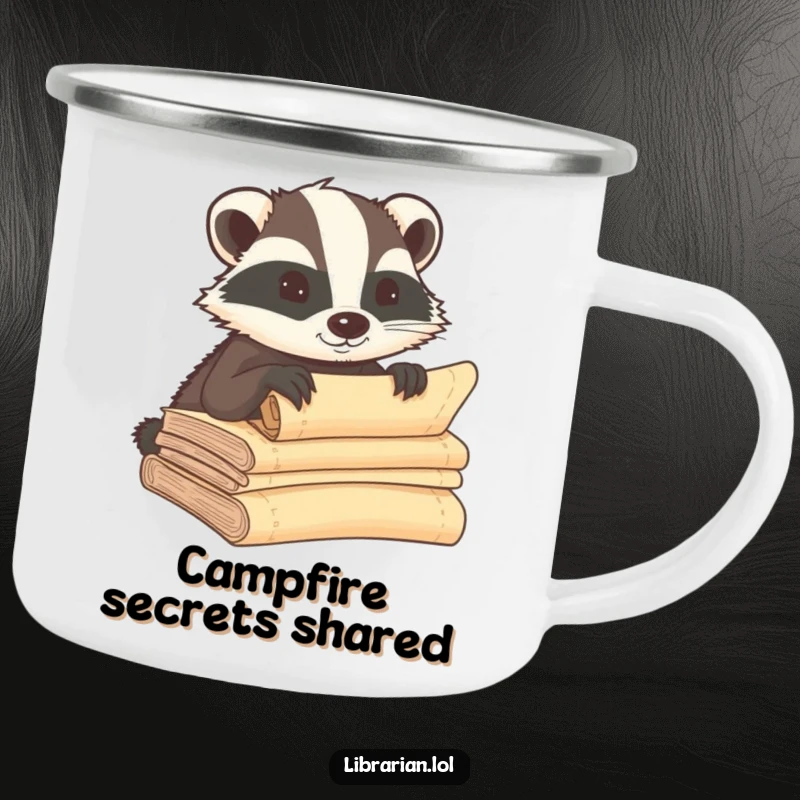 Funny badger camping mug, whispering secrets into ancient scrolls, perfect for enjoying drinks during outdoor adventures with a mysterious flair.