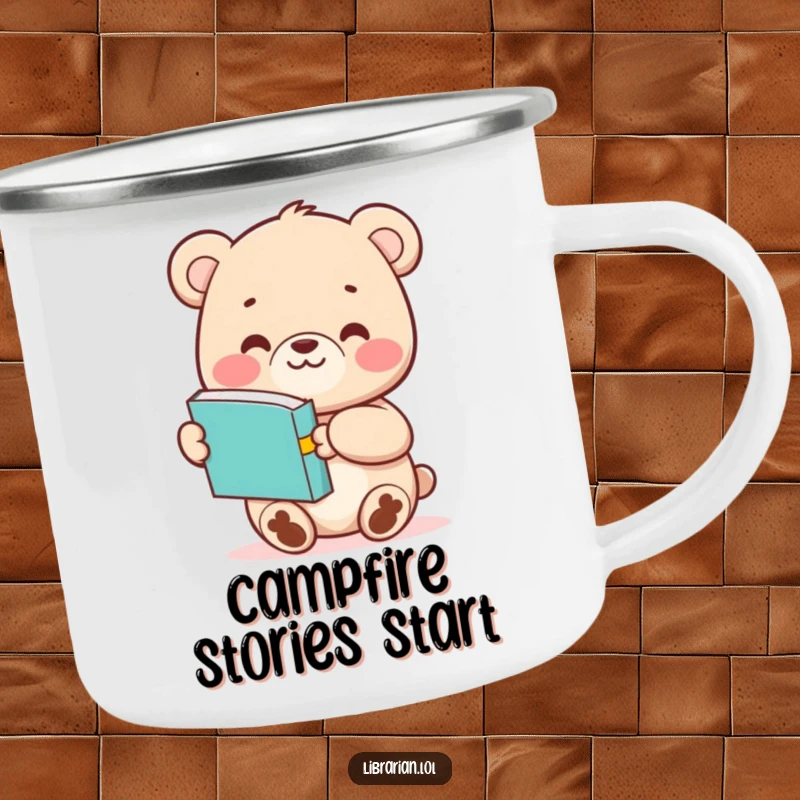 Funny Bear Cub camping mug featuring a happy character offering a book, designed for outdoor use and book lovers.