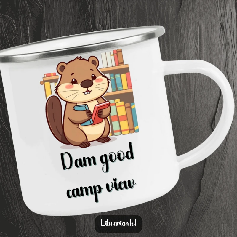 Determined beaver organizing books on a shelf, depicted on a camp mug for organized outdoor enthusiasts who love literature.
