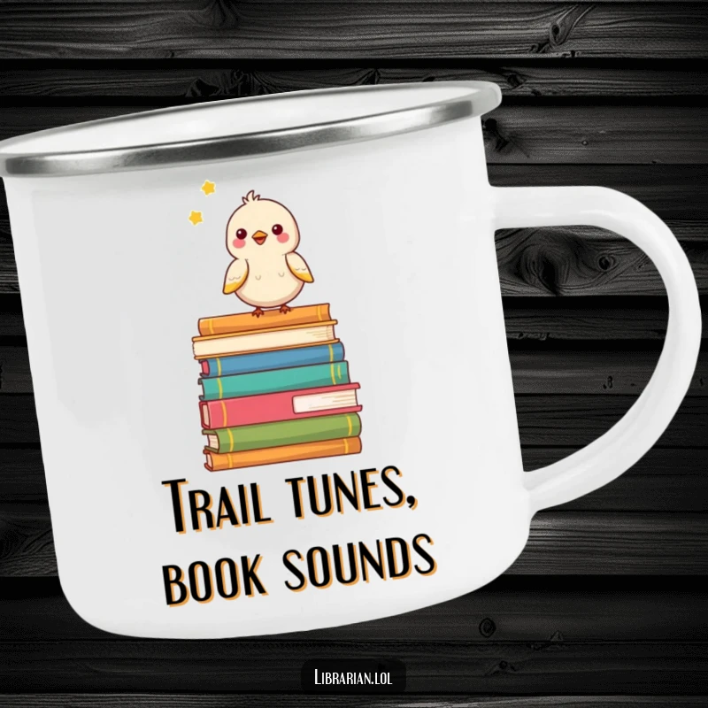 Funny camping mug with a happy bird chirping on a stack of books, perfect for outdoor reading and drinks.