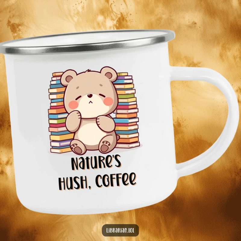 Funny Camping Mug: A diligent bear shushes with its paw amidst stacks, perfect for enjoying drinks in quiet outdoor settings.