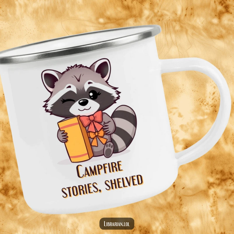 Funny Camping Mug: A winking raccoon with a cheerful bow shelves books with a flourish, perfect for enjoying drinks while reading.