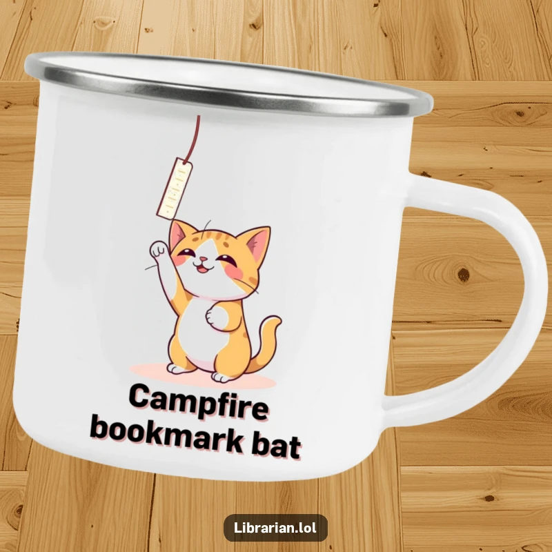 Funny Cat Bookmark Camping Mug: A playful cat bats with joy at a bookmark outdoors.