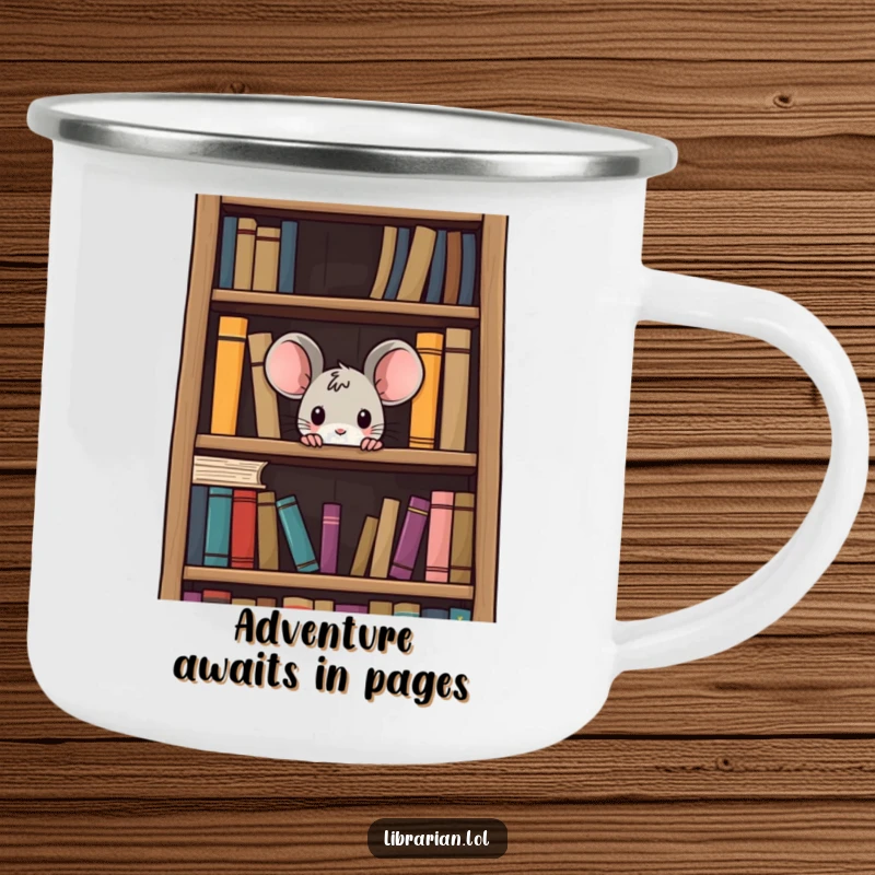 Funny curious mouse camping mug, a small rodent peeking from a bookshelf, bringing literary humor to outdoor coffee breaks.