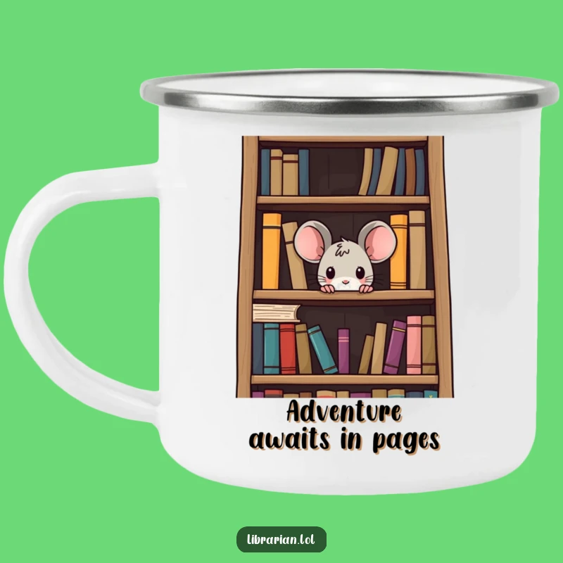 Funny Curious Mouse Camping Mug: Bookshelf Peek for Outdoor Adventures