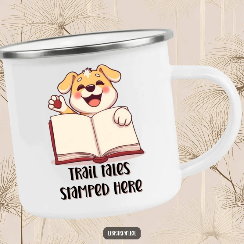 Funny dog camping mug, a happy dog enthusiastically stamping a large book with its paw, bringing literary humor to outdoor settings.