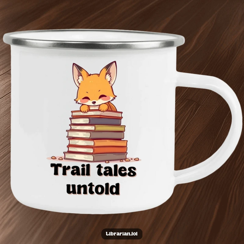 Funny fox peeking over a large pile of dusty books, durable camping mug for literary adventures and outdoor reading.