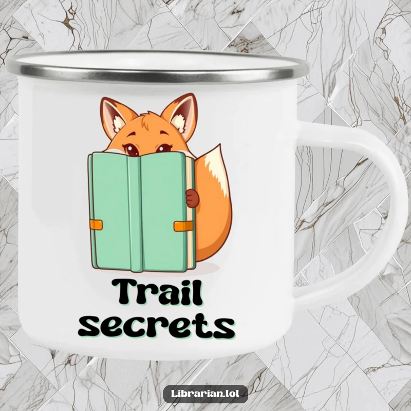 Funny camping mug: A playful fox librarian peeking from a book, a funny gift for the wild.