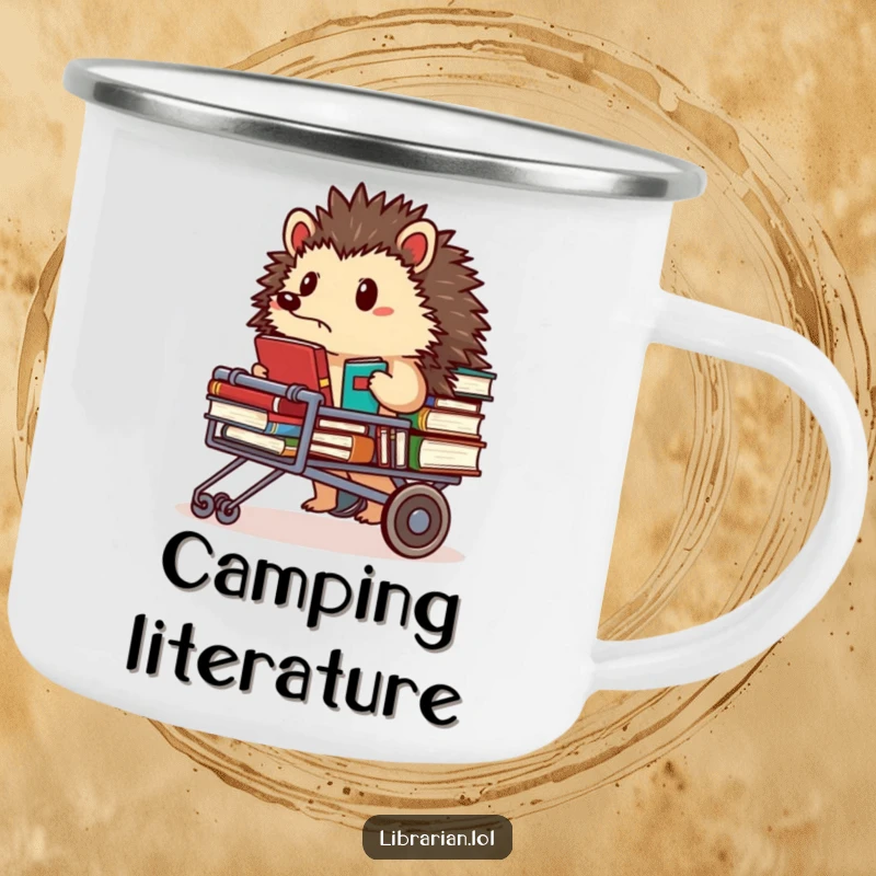 Funny Camping Mug: Determined hedgehog librarian pushing a cart full of books, looking focused, durable enamel.