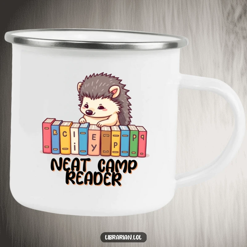 Funny camping mug with a determined hedgehog alphabetizing tiny books, perfect for organized outdoor enjoyment.