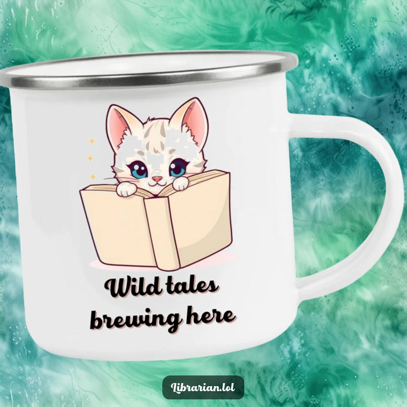 Funny Camping Mug featuring a playful cartoon kitten peeking over the rim, with a mischievous sparkle, perfect for outdoor adventures.