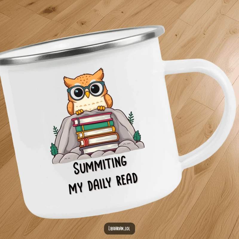 Funny owl with spectacles overlooking a pile of books on a durable camp mug, perfect for outdoor reading enthusiasts.