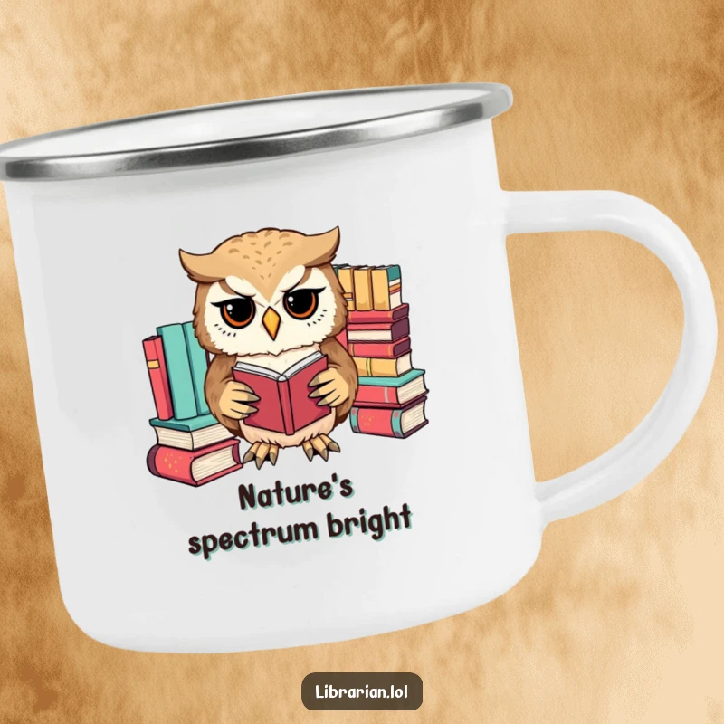 Funny owl meticulously sorting books by color with its paws, a durable camping mug for organized outdoor enthusiasts.