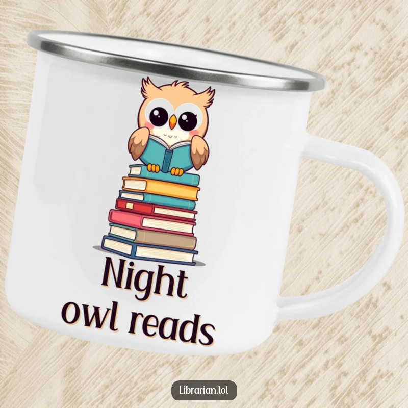 Funny camping mug: An owl librarian gazes from a book stack, perfect for a funny gift outdoors.