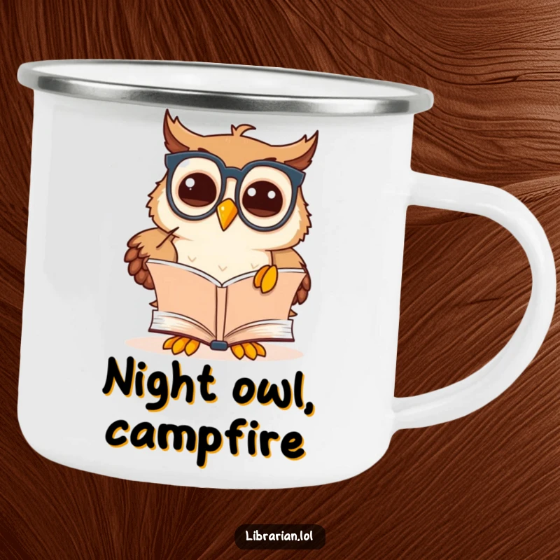 Funny owl scholar camping mug with a cute cartoon owl wearing spectacles, pointing at a book, perfect for outdoor learning.
