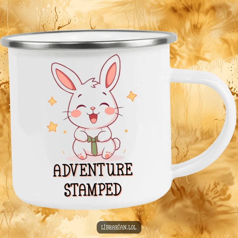 Funny energetic rabbit stamping books on a durable enamel camping mug for outdoor fun.