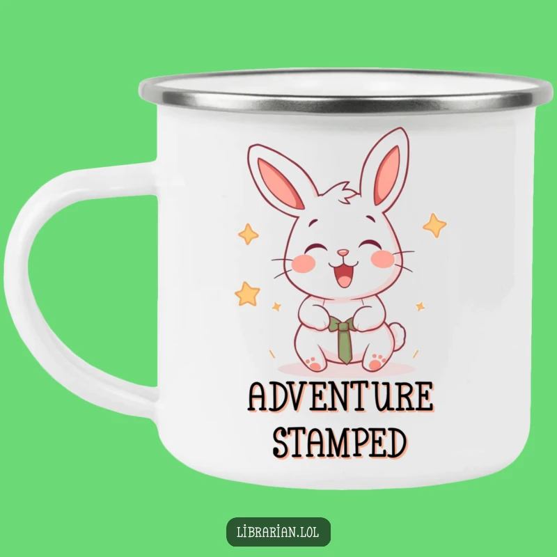 Funny Rabbit Enamel Camping Mug, Energetic Stamper, Outdoor Joy Gift