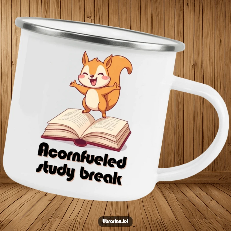 Funny Squirrel Camping Mug, joyfully bouncing on an open dictionary, ideal for outdoor adventures and literary humor enthusiasts.
