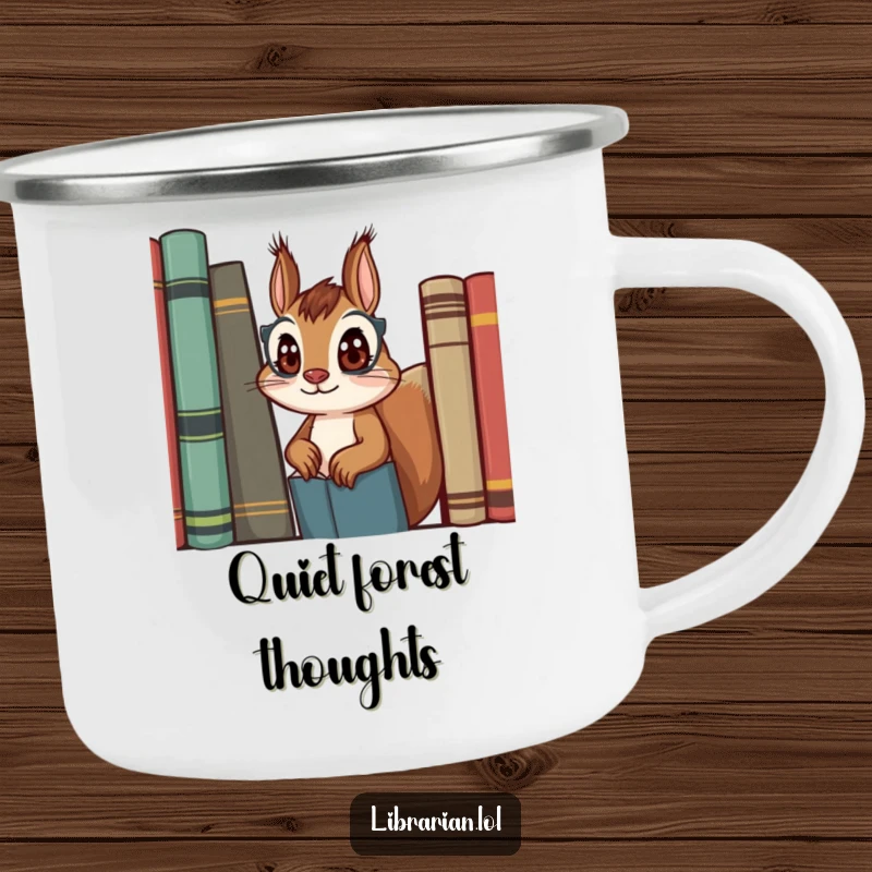 Funny squirrel librarian camping mug, enamel design with a curious squirrel, ideal for hikers and readers.