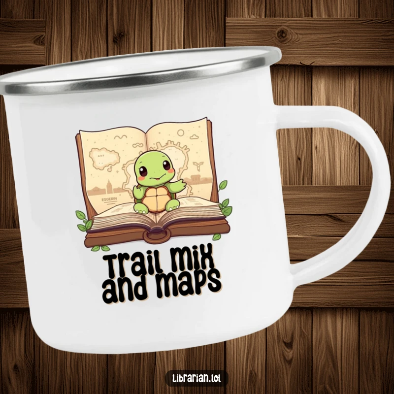 Funny Turtle Camping Mug, wisely pointing to a map in a storybook, perfect for adventurers enjoying the great outdoors.