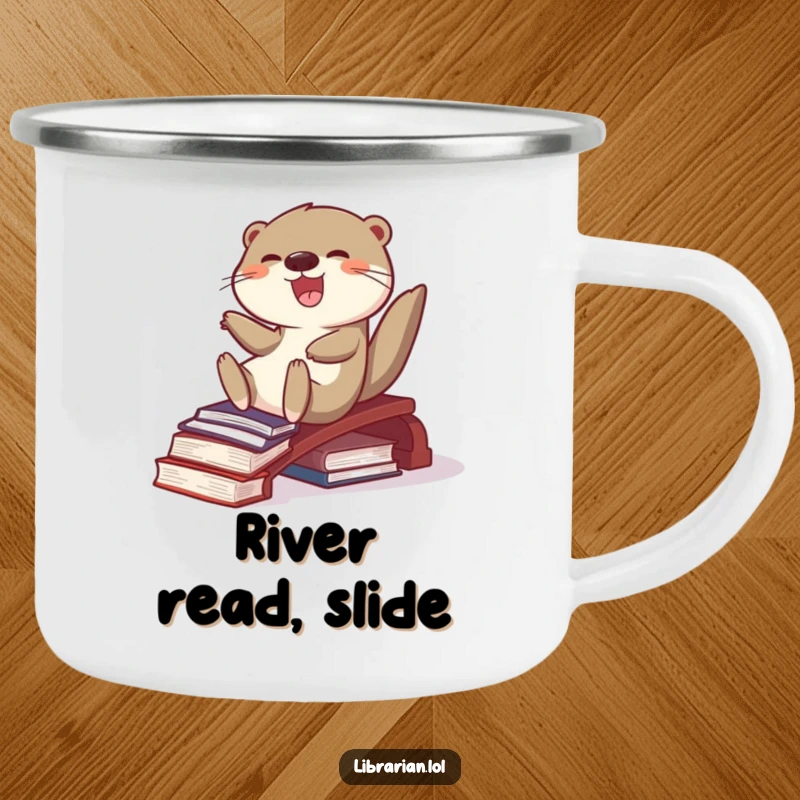 Funny joyful otter sliding down a ramp made of books on a rugged camping mug, bringing humor to the great outdoors.