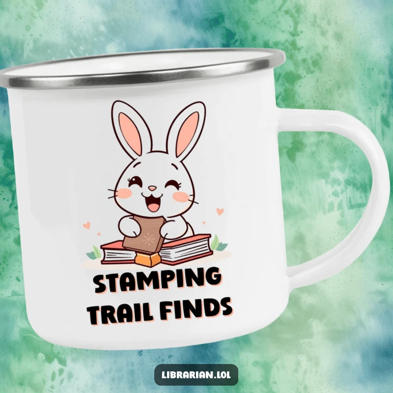 Funny happy rabbit using a large rubber stamp on books, depicted on a camp mug for organized outdoor enthusiasts.