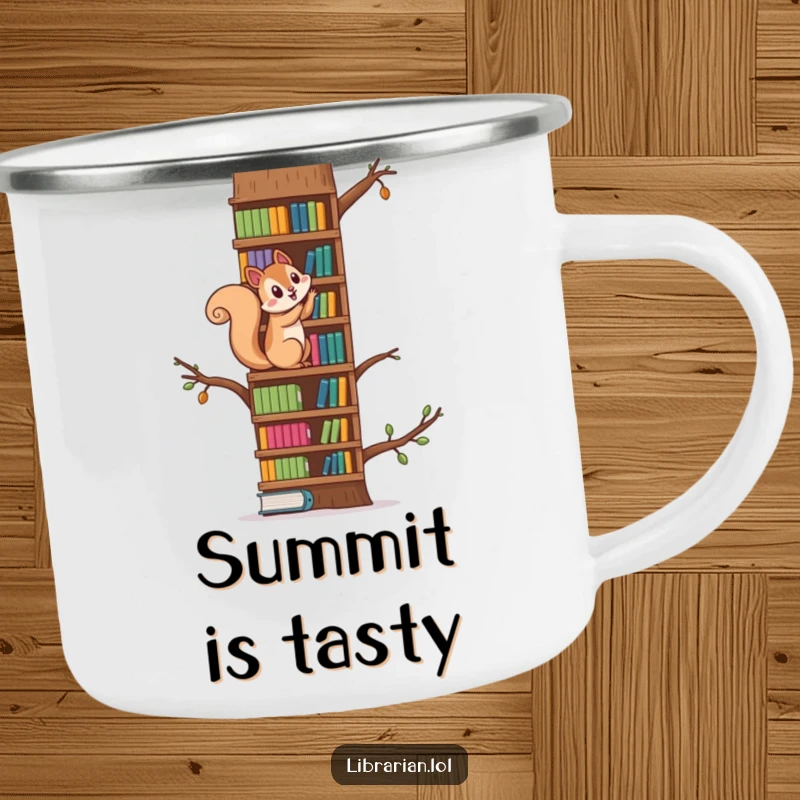 Funny squirrel climbing a towering bookshelf like a tree, a durable camping mug for adventurous outdoor fun.