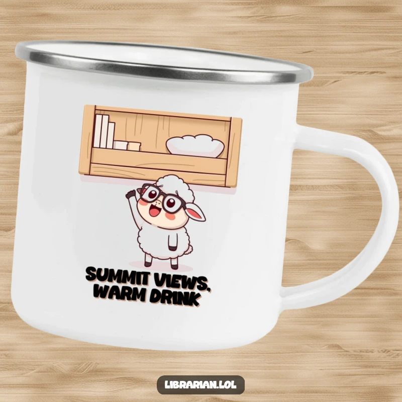 Funny Camping Mug featuring a happy cartoon sheep with glasses, looking up at a high shelf and excitedly reaching, perfect for intellectual adventures.